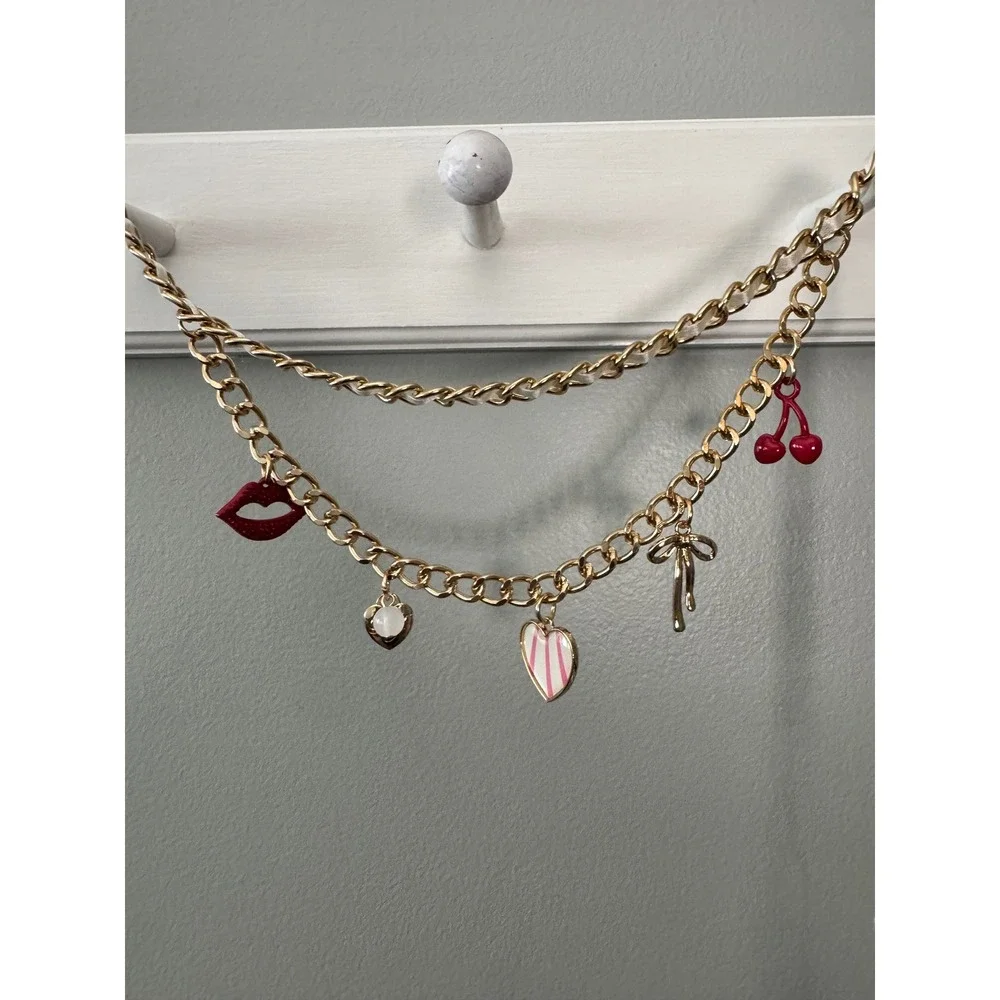 Betsey Johnson Gold Tone Charm Chain Belt with Red and Pink Accents